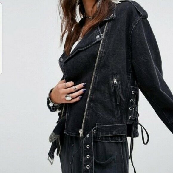 Free People Lace Up Denim Jacket Oversized Belted - Picture 2 of 16